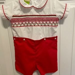 Hand smocked boys Christmas outfit.